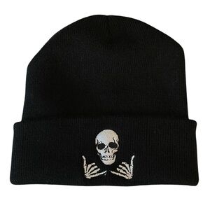Unisex Kid’s Solid Black & White Skeleton Rock On Embroidered Winter Beanie Hat